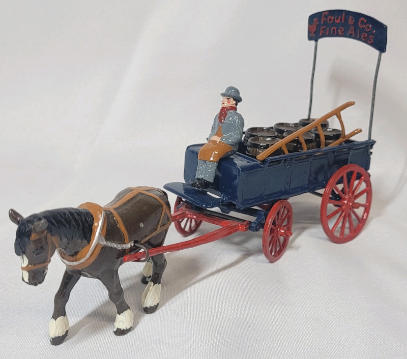 Vintage Lead Miniature Beer Wagon with Horse , Driver & Passenger