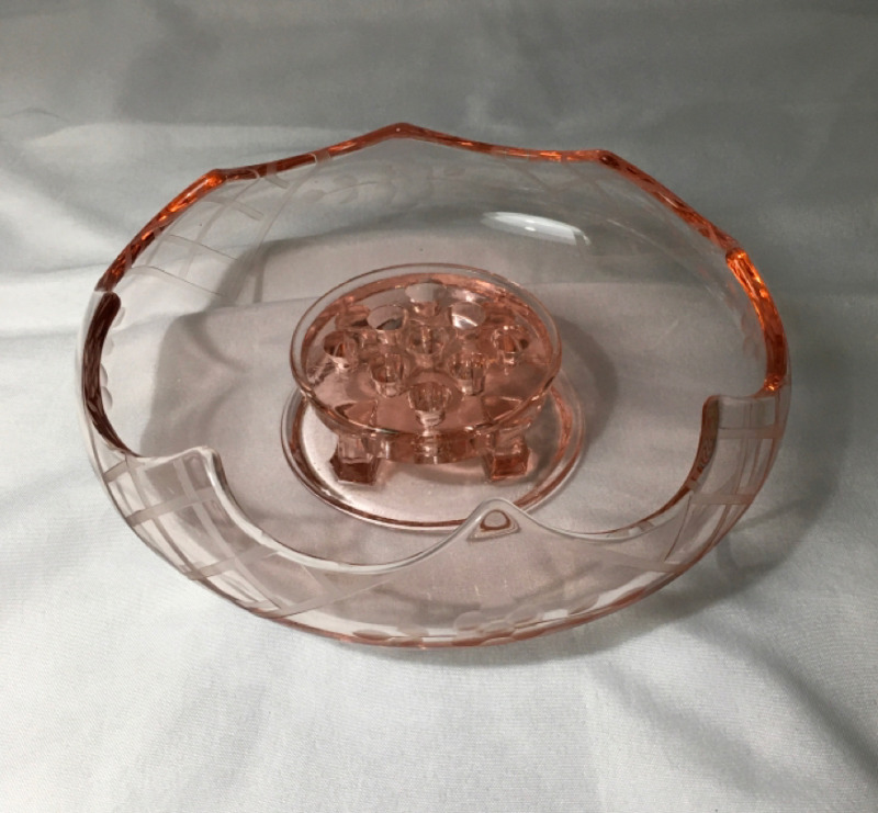 Pink Depression Glass Bowl With Flower Frog