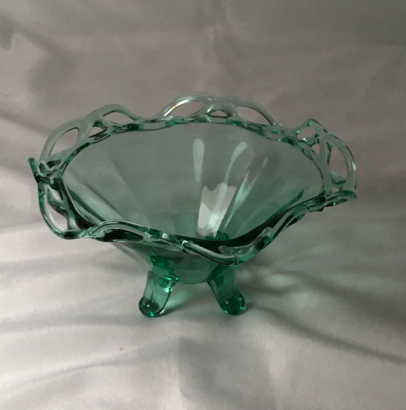 Vintage Footed Green Glass Bowl