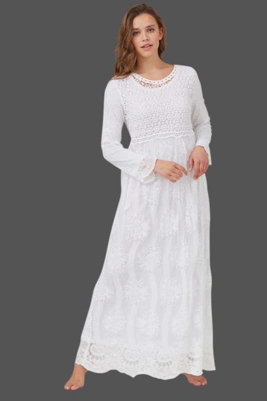 New "The White" LDS Temple Dress in White Lace w/Crochet Bodice (Size XL)