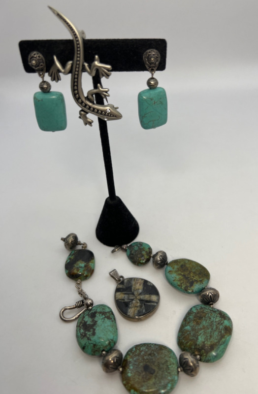 Free Form Chunky Turquoise Bracelet Earrings Sterling Pendant. Gecko