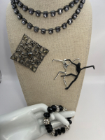 Two Brooches Crystal Bracelet Rhinestone Necklaces Elegant Black
