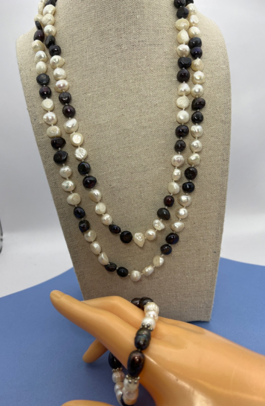 Vintage White Black knotted Fresh Water Pearl Necklace Bracelet