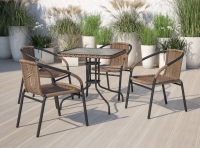 New Flash Furniture 28'' Square Tempered Glass Metal Table with Dark Brown Rattan Edging