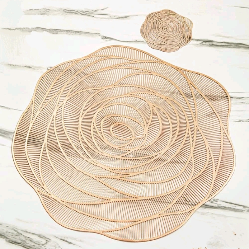 4 New Gold Flower-Shaped Placemat & Coaster Sets.