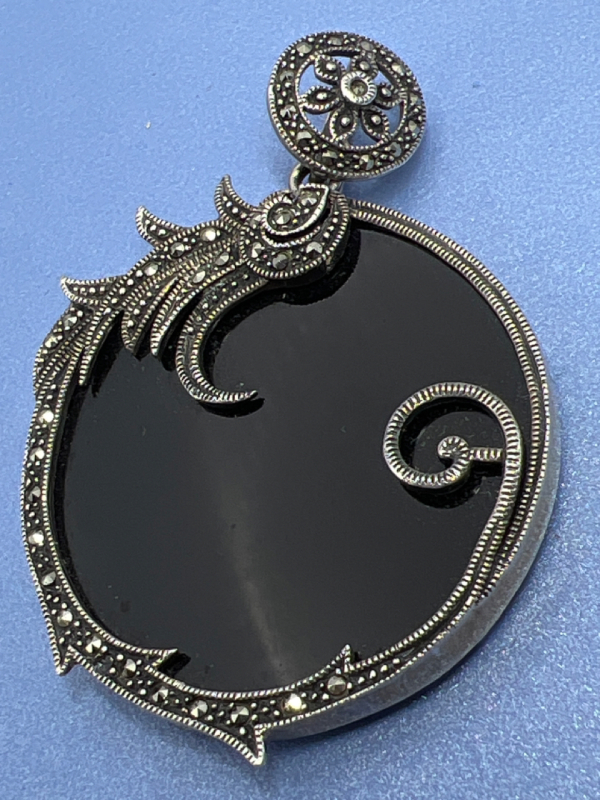 Spectacular Sterling Black Onyx Marcasite Pendant Art Nouveau