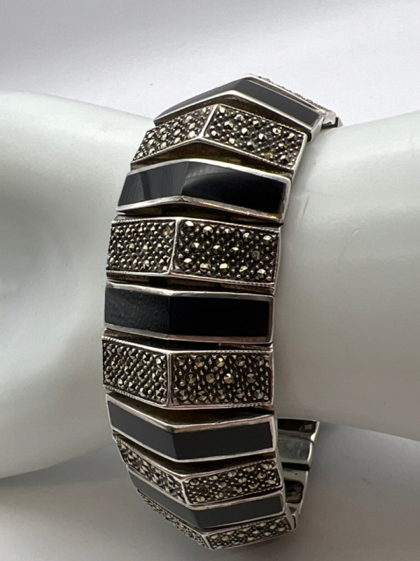 Vintage Sterling Substantial Black Onyz Marcasite Link Bracelet