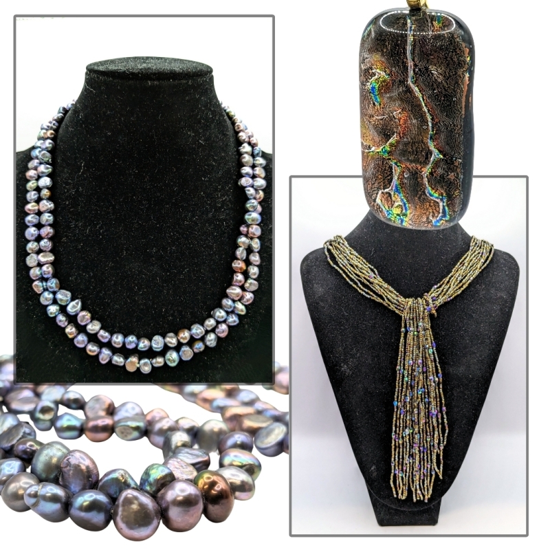 3 Fantastically Iridescent Necklaces: Black Pistachio Freshwater Pearls, Dichroic Glass+