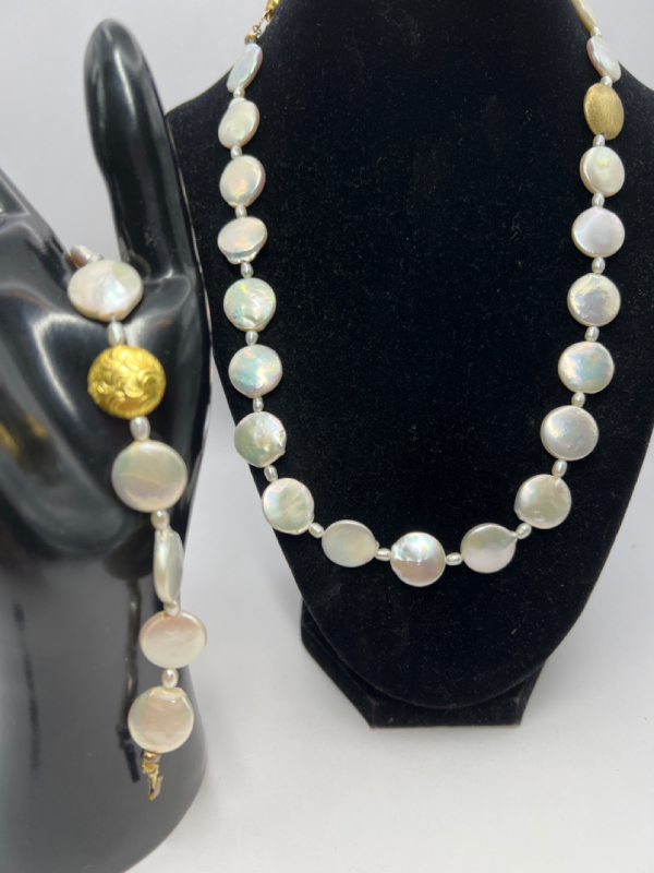 14K GF 925 Sterling Fresh Water Pearl Necklace Matching Bracelet