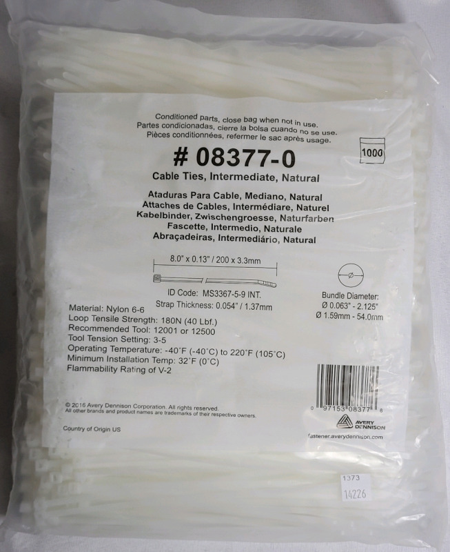1000 - 8" White Cable Ties , New , Sealed Bag