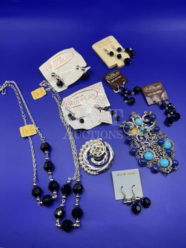 D&rsquo;ORLAN vintage in Silvers Blue + Blacks Brooches Necklace Earrings