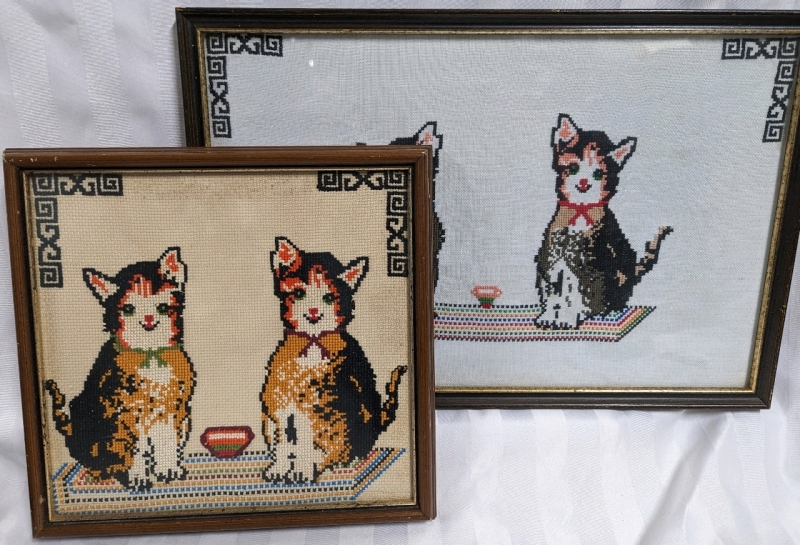 2 Framed Cross-Stitch of Calico Cats