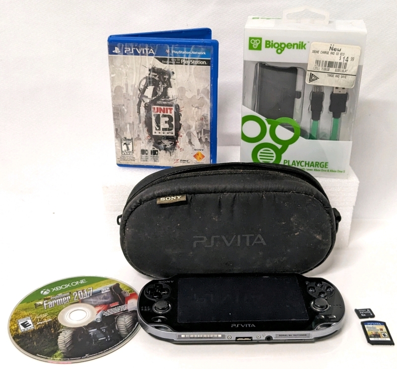 Sony PlayStation Vita, Soft Case, 4GB Memory Card, 2 Games + XBox One Charging Cord (as-is)