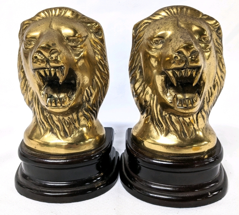 Vintage Pair of Brass Roaring Lion Bookends on Bases