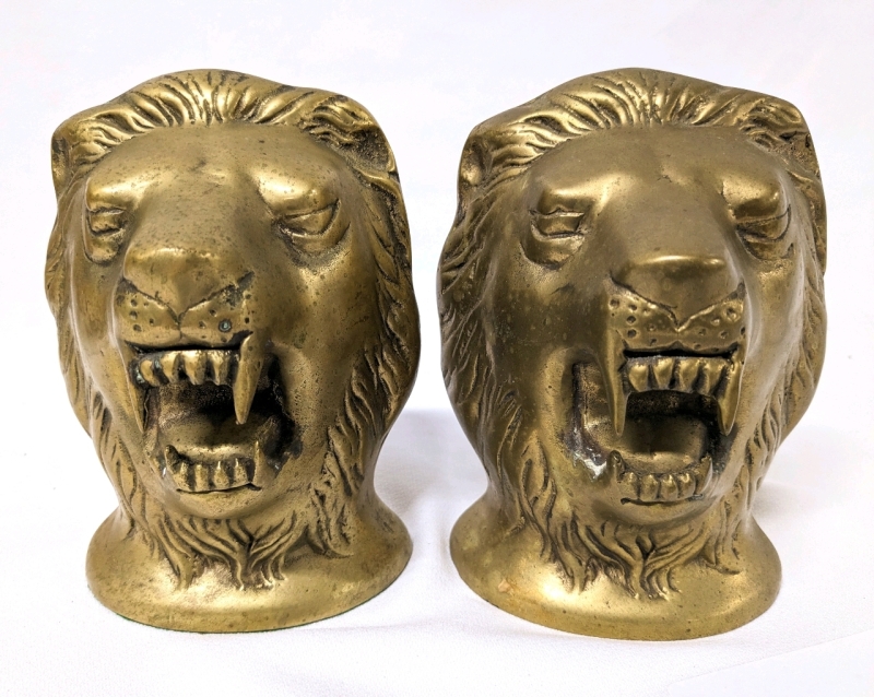 Vintage Brass Metal Roaring Lion Bookends (Heavy!)