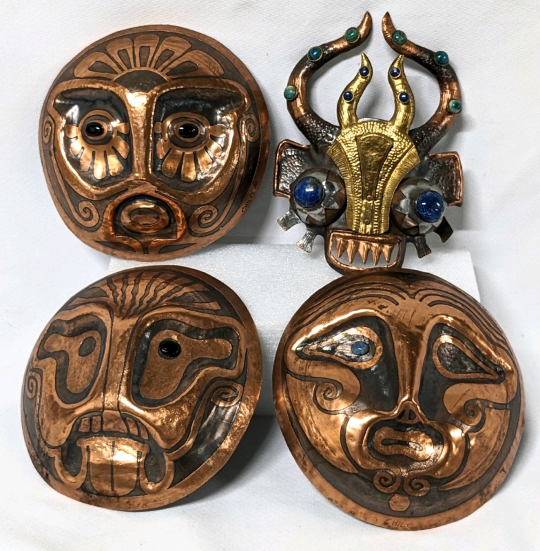 4 Vintage Mixed Metal & Copper Masks 2 Marked Chile