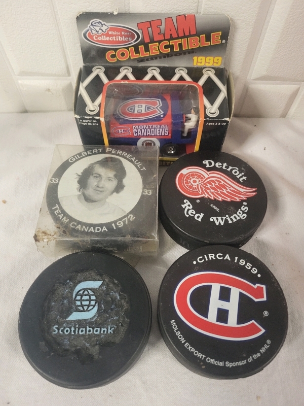 4 Hockey Pucks & Canadiens Collectible Zamboni