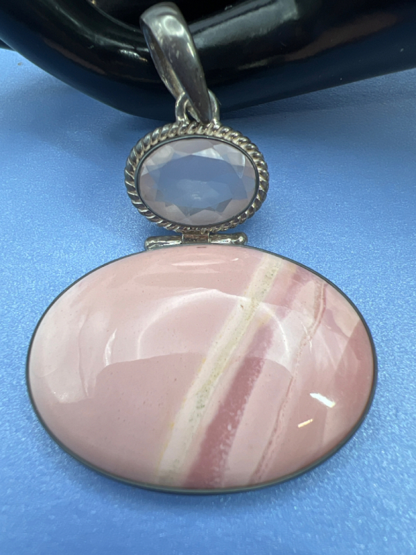 Pink Opal Oval Pendacnt and Rose Quartz Sterling Turquoise Bracelet