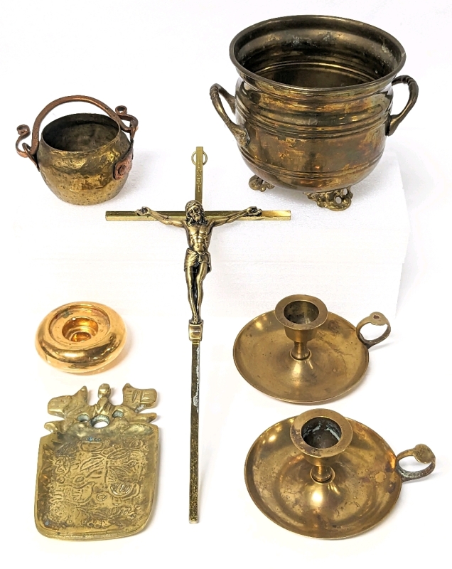 Brass / Copper Candlestick Holders, Tray, Pots & Crucifix