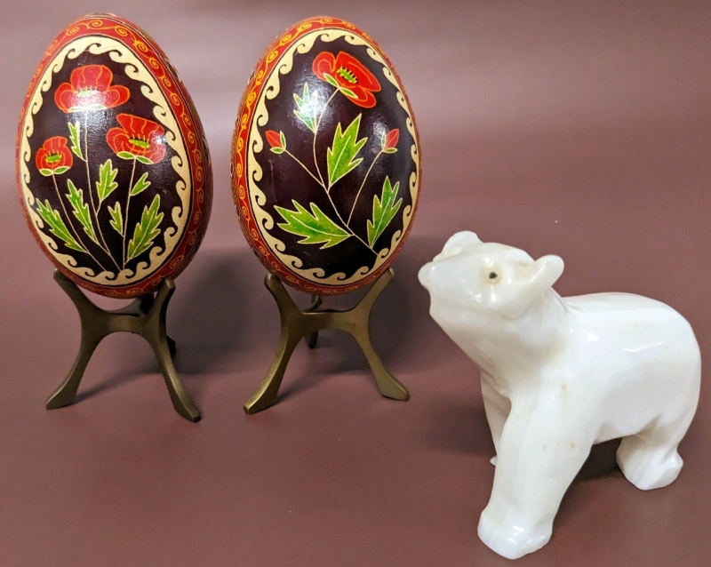2 Vintage Ukrainian Pysank-Style Painted Eggs on Brass Stands + Carved Stone Bear