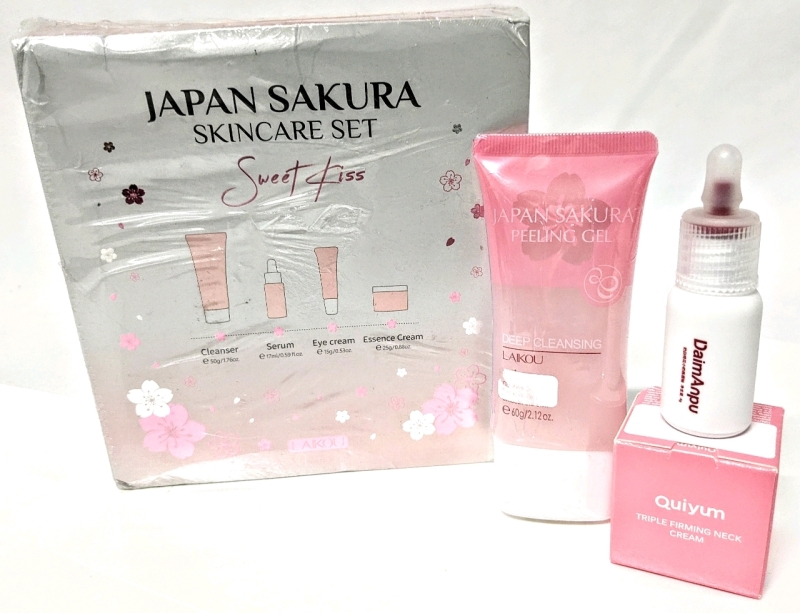 New Japan Sakura Skincare Set, Peeling Gel + Firming Neck, Ink Velvet Lip Glaze