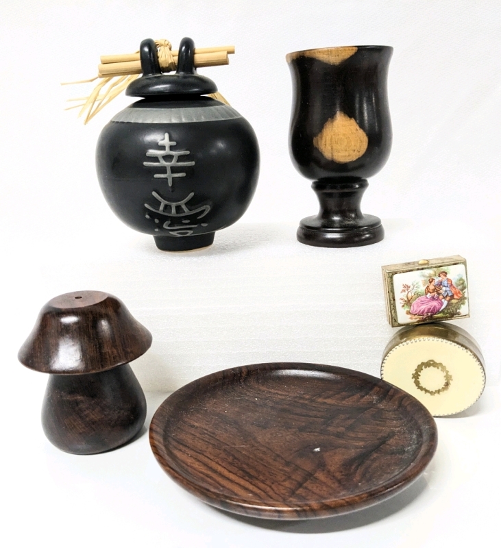 Japanese-Style Ceramic Wishing Jar w Lid, Wood Goblet, Plate, Shaker & 2 Pill Boxes