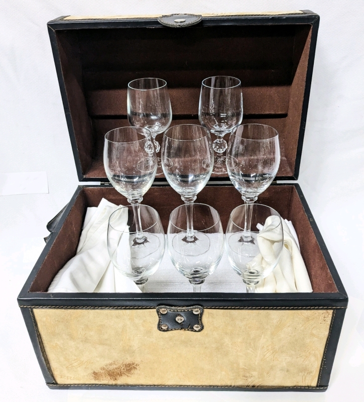 6 Crystal Wine Glasses, 2 Shorter Glasses with Various Linens in Decorative Chest