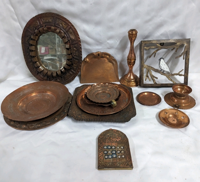 Collection of Copper Servingware and Bird Decoration