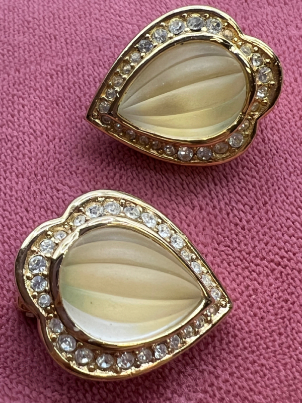 Vintage CRISTIAN DIOR Frosted Cut Glass Cabochons Earrings Signed