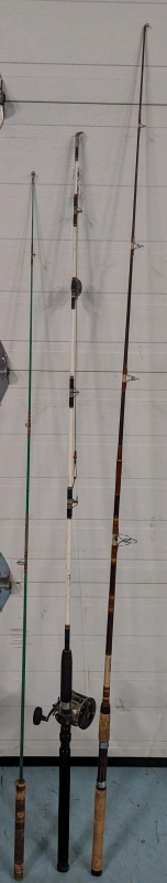 3 Fishing Rods - Penn Long Beach 6', Garcia 7'3" and unbranded 5'9" pole.