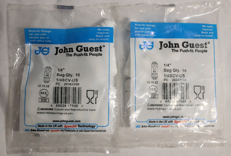 John Guest 1/4" Tube OD Check Valves . 20 Check Valves , Part # 1/4SCV-US - New