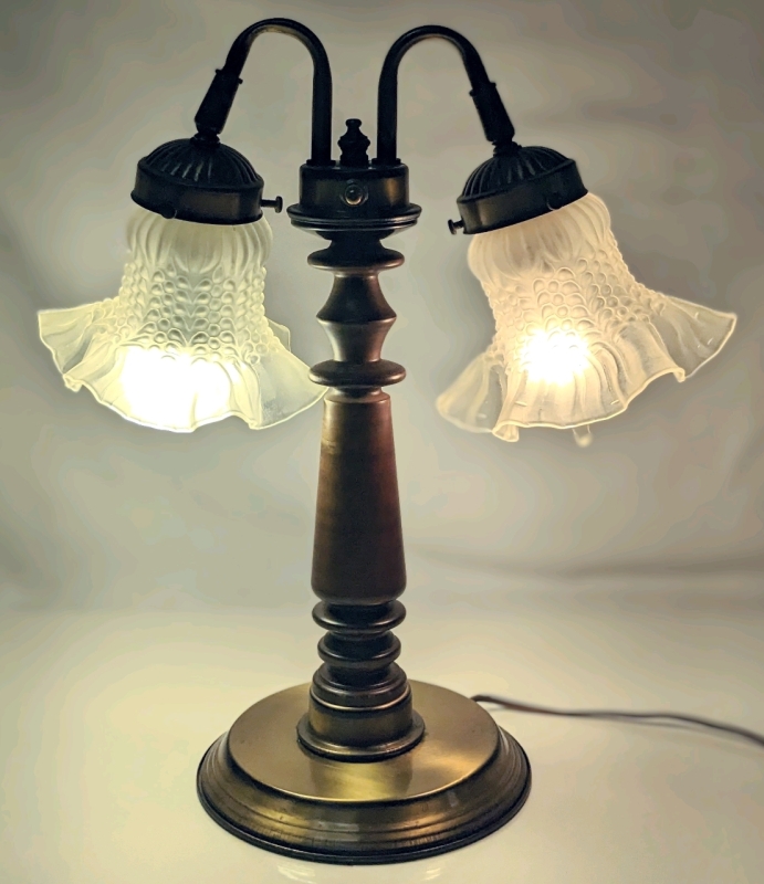 Vintage Art Deco Style Double Lamp: Wood & Brass (Working)