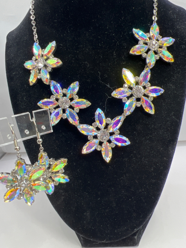 Vintage Aurora Borealis AB Flower Necklace Matching Earrings