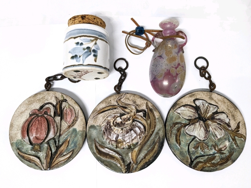 3 Large Hanging Earthenware Pottery Discs with Flowers, Signed Ceramic Garlic Container & Glass Amphora on Leather Cord.