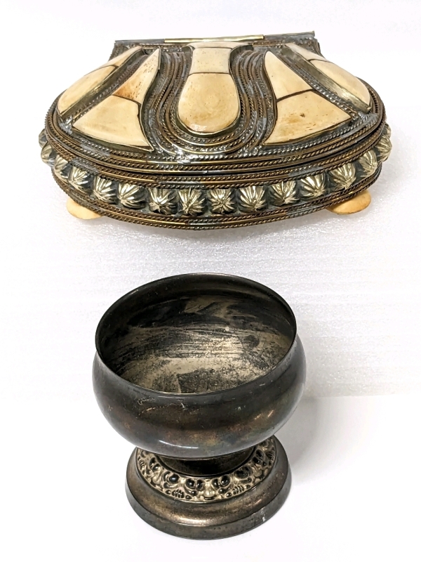 Vintage Clamshell Jewelry Box with Bone Inlay & Silver Plated Lanthe of England Goblet