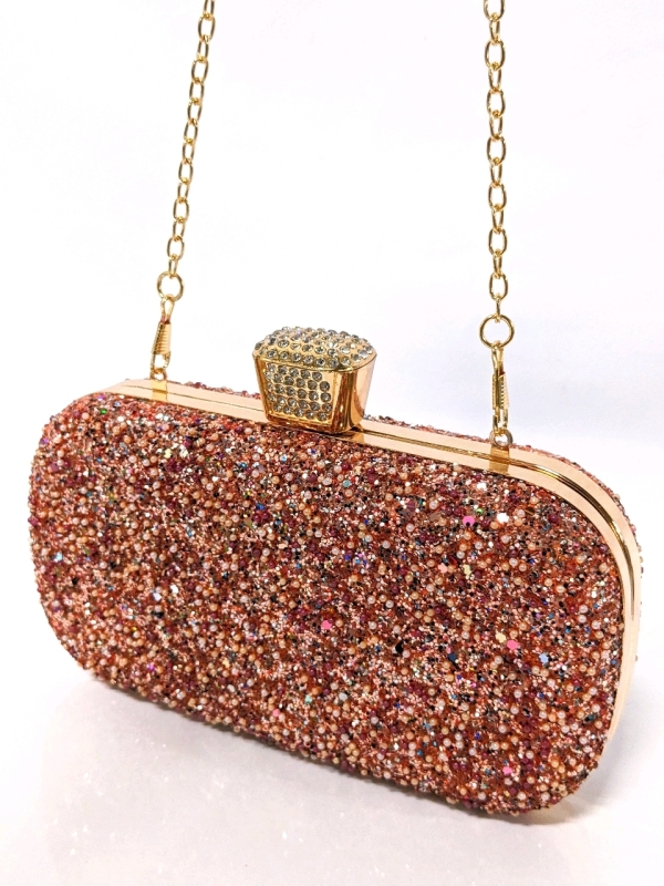 New Pink & Gold Tone Rhinestone Glitter Confetti Purse / Clutch