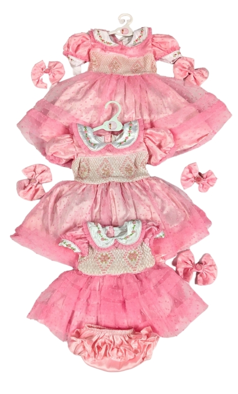 3 New PINK DREAM Child / Baby Dresses w 4 Bows, 1 Headband & 1 Ruffled Knicker/Diaper Cover