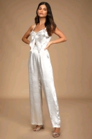 New Lulu's XL Women's Date to Remember Ivory Satin Cutout Wide-Leg Jumpsuit