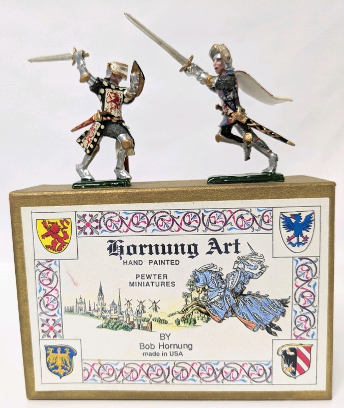 Hornung Art: " Sir John Cornwall 17/20" & " Louis, Count of Vendôme 17/20" Vintage Lead Miniatures in Box. Signed & Dated.