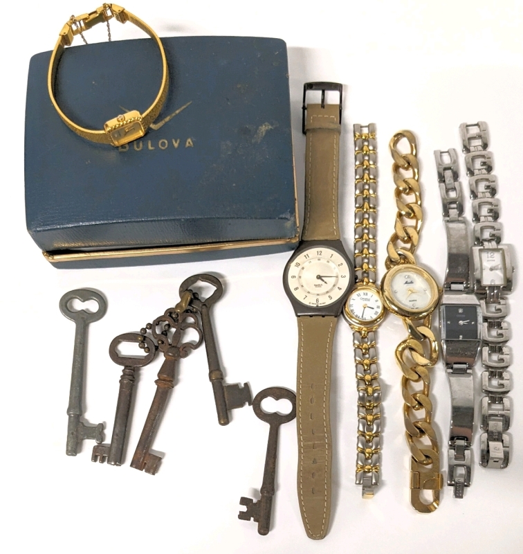 Vintage Watches (Swatch, Guess +), Skeleton Keys & Metal Bulova Watch Box