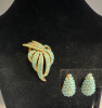 Vintage Turquoise Opaque Rhinestone Brooch Earring Set - 4