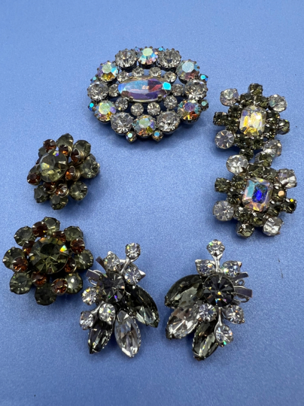 3 Vintage Rhinestone Earrings AB Brooch