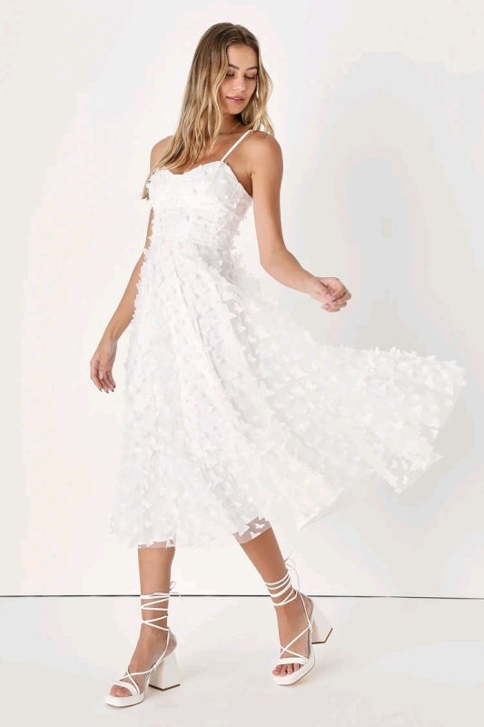 New Lulus sz Large Time to Fly White Butterfly Lace-Up Midi Dress