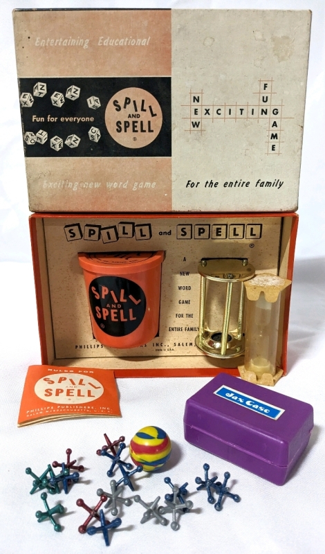 Vintage 1959 Spill and Spell Game with Vintage Jax Case with Jacks & Ball.