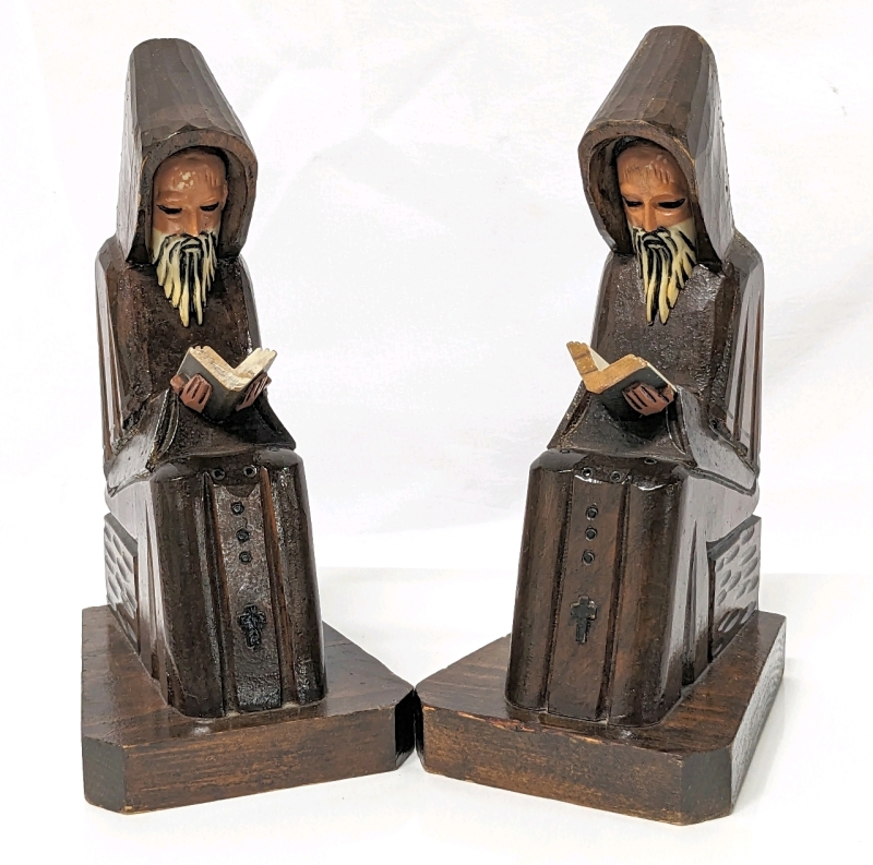 Vintage Carved Wood Reading Monk Bookends