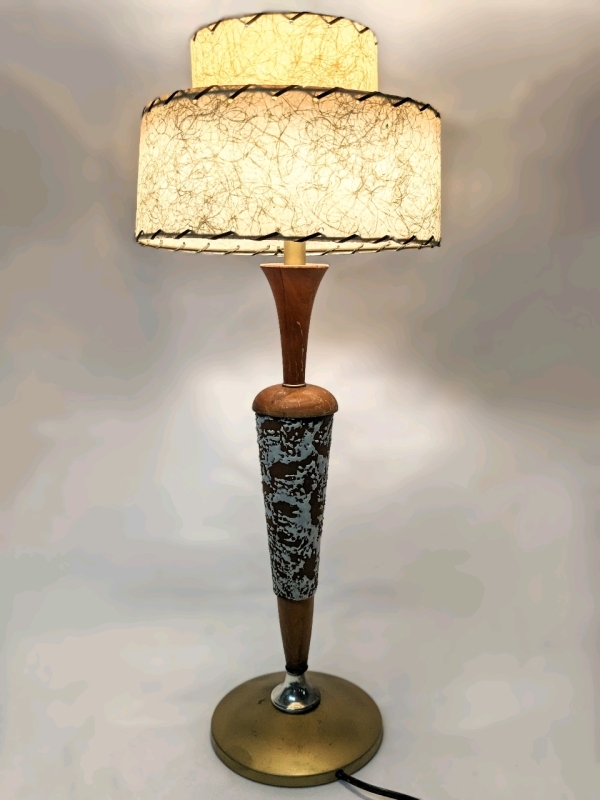 Vintage MCM Brass, Wood & Pottery Table Lamp