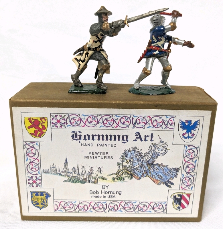 2 Hornung Art: " Sir Byron Stapelton " & "Sir Andrew Monhault #3" Vintage Lead Miniatures in Box. Signed & Dated.