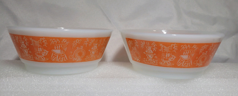 Vintage Fire-King Orange Banded Cereal Bowl w/ Antique Housewares , Pair