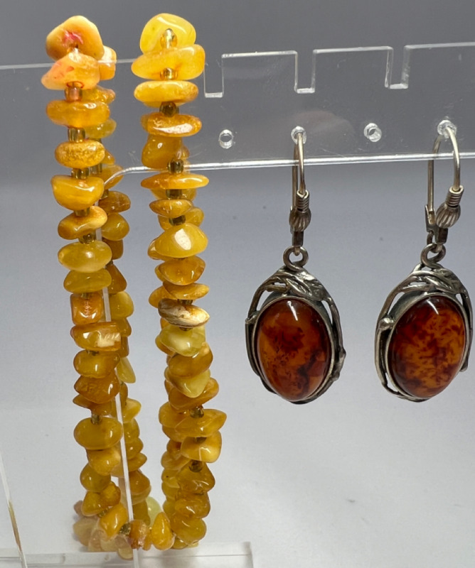 Vintage 925 Sterling Baltic Amber Earring Drops Vintage Egg Yolk Strand