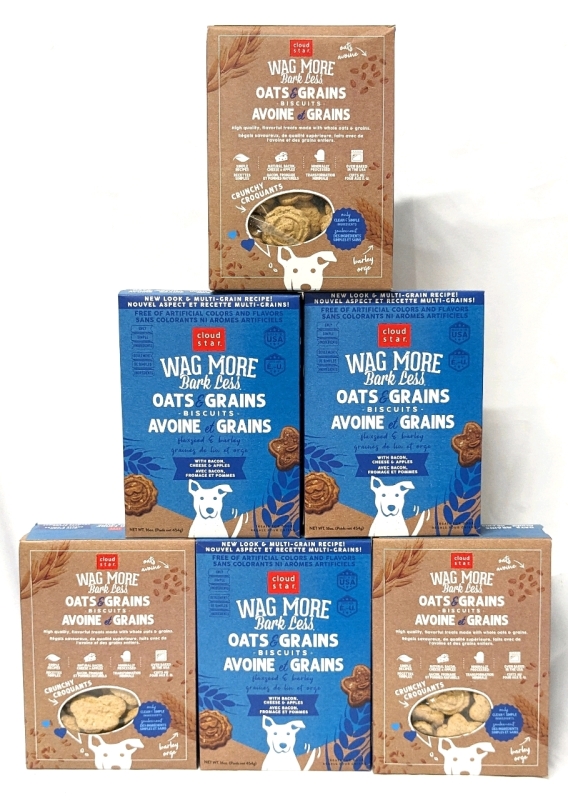 6 New Boxes CLOUD STAR Oats & Grains Dog Biscuits 454g each (BB Aug 2023) With Bacon, Cheddar & Apples